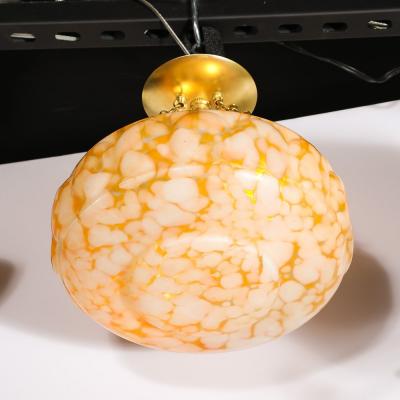 Art Deco White and Orange Glass Pendant Chandelier with Brass Fittings