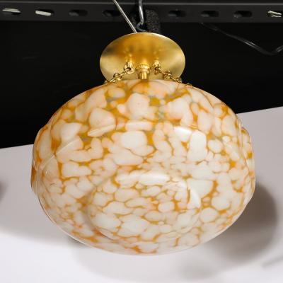 Art Deco White and Orange Glass Pendant Chandelier with Brass Fittings