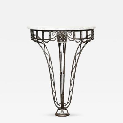 Art Deco Wrought Iron Console Table w Stylized Geometric Details Grey Marble