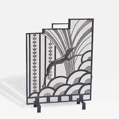 Art Deco Wrought Iron Fire Screen Decorated with a Greyhound