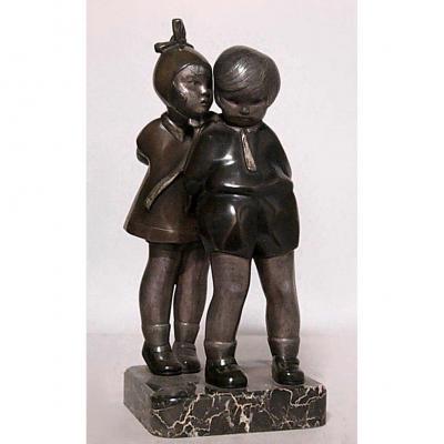 Art Deco bronze figure of boy and girl