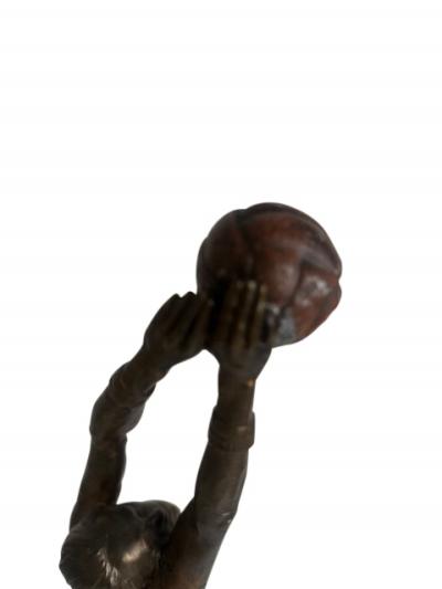 Art Deco bronze goalie soccer player standing on a round green onyx base