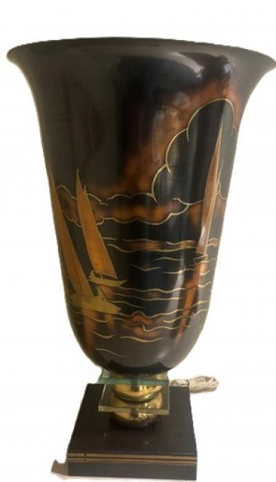 Art Deco metal urn lamp with decorated sallboat scenes on a square base