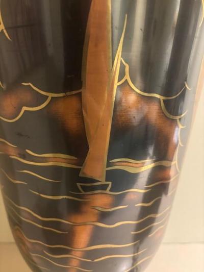Art Deco metal urn lamp with decorated sallboat scenes on a square base