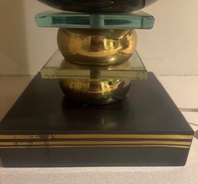 Art Deco metal urn lamp with decorated sallboat scenes on a square base