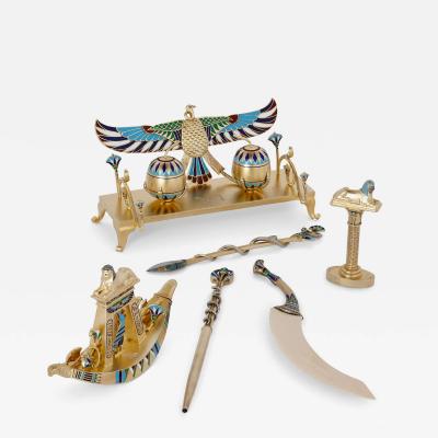 Art Deco period Egyptian revival style enamel and silver gilt desk set