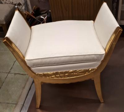 Art Deco superb refined pair of silk covered carved gold leaf stools