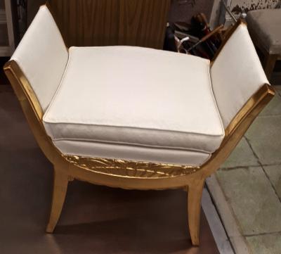 Art Deco superb refined pair of silk covered carved gold leaf stools