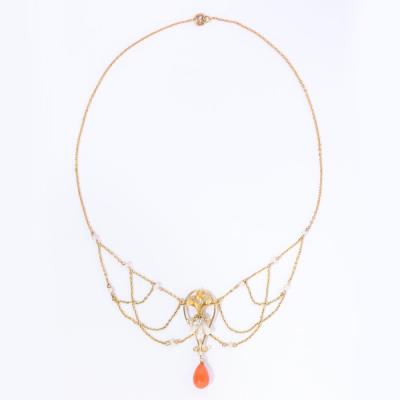 Art Nouveau 14k Gold Pearl Coral and Diamond Swag Necklace