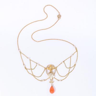Art Nouveau 14k Gold Pearl Coral and Diamond Swag Necklace