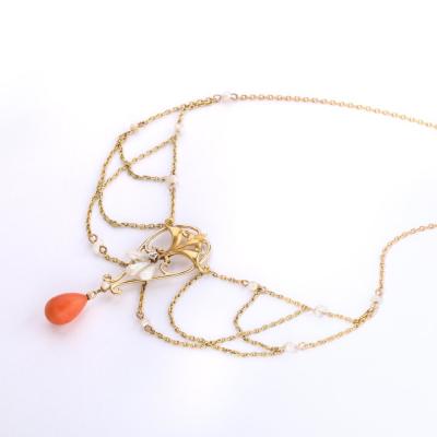 Art Nouveau 14k Gold Pearl Coral and Diamond Swag Necklace