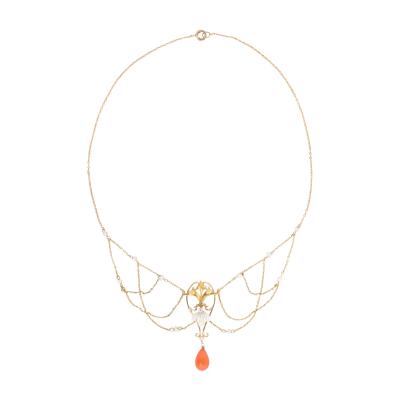 Art Nouveau 14k Gold Pearl Coral and Diamond Swag Necklace