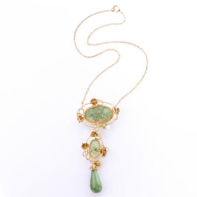 Art Nouveau 14k Gold Turquoise and Pearl Lavalier Style Necklace