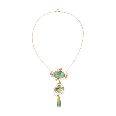 Art Nouveau 14k Gold Turquoise and Pearl Lavalier Style Necklace