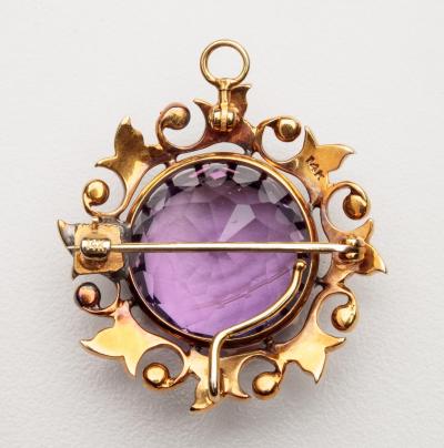 Art Nouveau Amethyst Seed Pearl 14kt Watch Pin