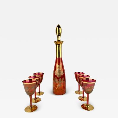 Art Nouveau Austrian Ruby 24K Gold Etched Wine Glasses and Decanter Set of 7