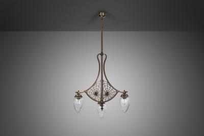 Art Nouveau Brass Ceiling Lamp with Glass Shades Europe 1900s