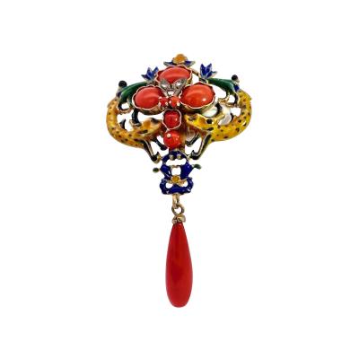 Art Nouveau Diamond Coral Enamel Brooch Pendant 18K