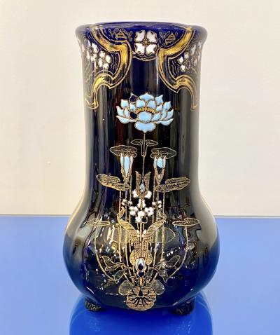 Art Nouveau French Antique Ceramic Vase in Blue Majolica with White Gold Flowers