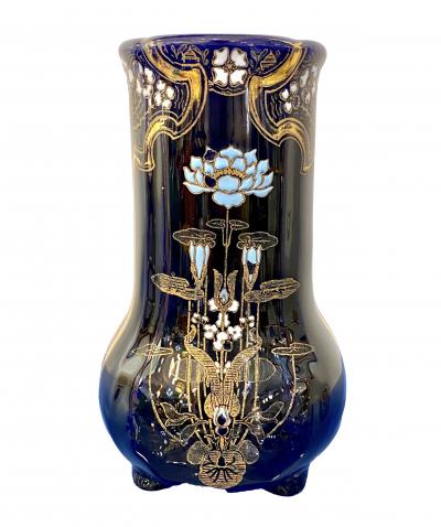 Art Nouveau French Antique Ceramic Vase in Blue Majolica with White Gold Flowers