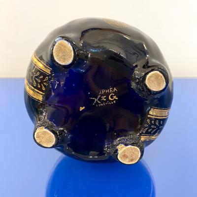 Art Nouveau French Antique Ceramic Vase in Blue Majolica with White Gold Flowers