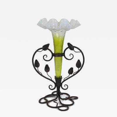 Art Nouveau French hand made iron epergne with a green Vaseline glass flower 