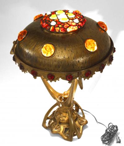 Art Nouveau Hungarian Jeweled Brass Table Lamp