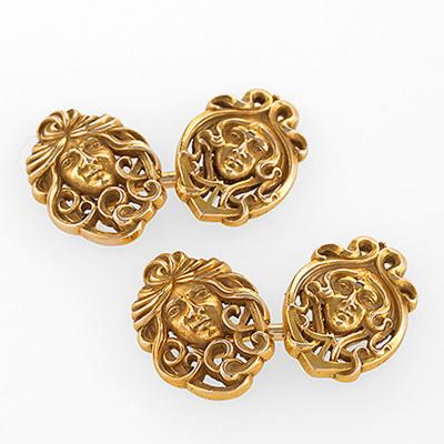 Art Nouveau Male and Female Portrait Double Sided Gold Cuff Links