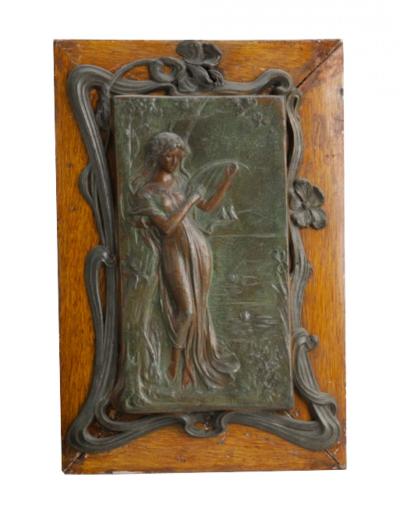 Art Nouveau Metal and Oak Figural Wall Plaque