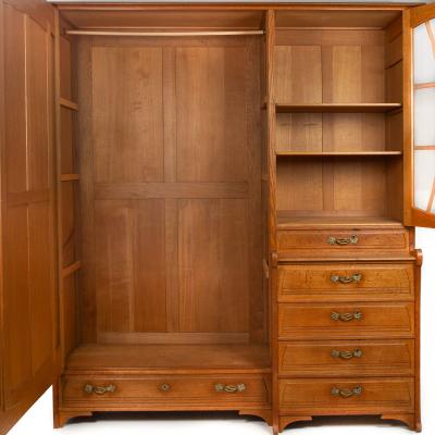 Art Nouveau Oak Armoire Wardrobe and Nightstand by Gustave Serrurier Bovy