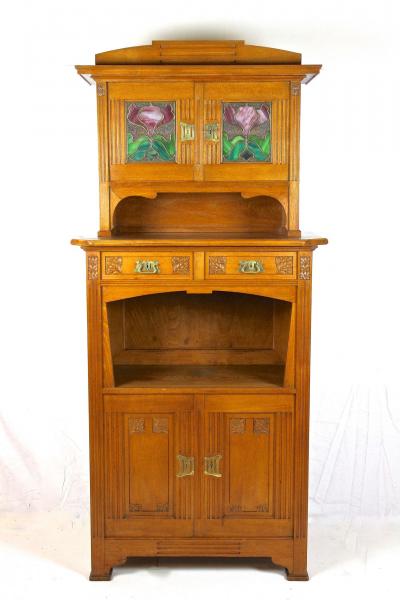 Art Nouveau Oakwood Cabinet Buffet With Tiffany Style Glass Inlays AT ca 1910