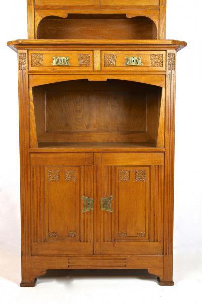 Art Nouveau Oakwood Cabinet Buffet With Tiffany Style Glass Inlays AT ca 1910