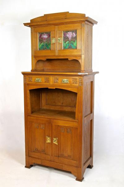 Art Nouveau Oakwood Cabinet Buffet With Tiffany Style Glass Inlays AT ca 1910