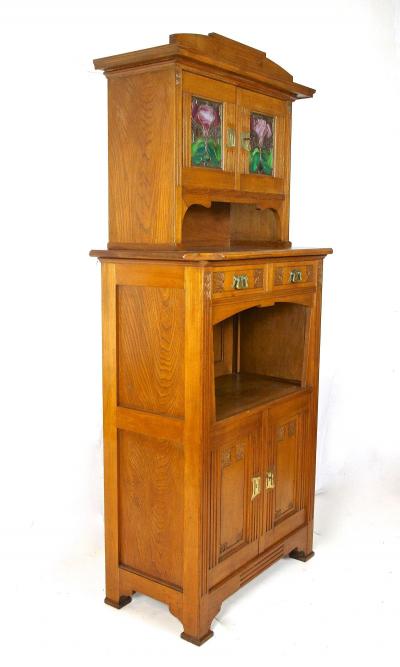 Art Nouveau Oakwood Cabinet Buffet With Tiffany Style Glass Inlays AT ca 1910