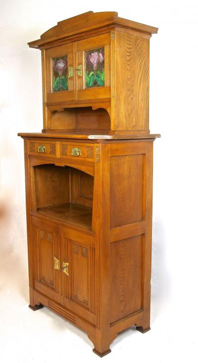 Art Nouveau Oakwood Cabinet Buffet With Tiffany Style Glass Inlays AT ca 1910