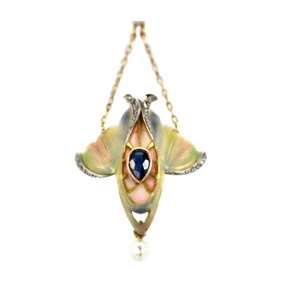 Art Nouveau Sapphire Pearl Enamel Pendant 14K