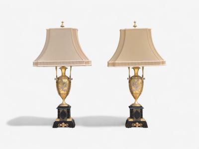 Art Nouveau Style Bronze Ebony Linen Table Lamps France 1920s