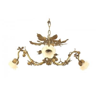 Art Nouveau Style Gilt Metal Rustic Foliate Chandelier