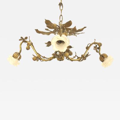 Art Nouveau Style Gilt Metal Rustic Foliate Chandelier