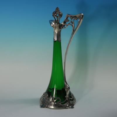 Art Nouveau WMF Claret Jug and Stopper with Green Glass Liner