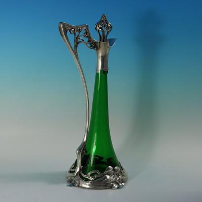 Art Nouveau WMF Claret Jug and Stopper with Green Glass Liner