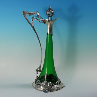 Art Nouveau WMF Claret Jug and Stopper with Green Glass Liner