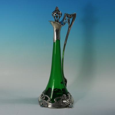 Art Nouveau WMF Claret Jug and Stopper with Green Glass Liner