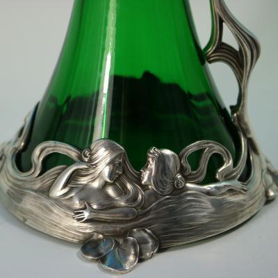 Art Nouveau WMF Claret Jug and Stopper with Green Glass Liner