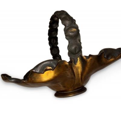 Art Nouveau patinaed brass scalloped basket with insect and handle