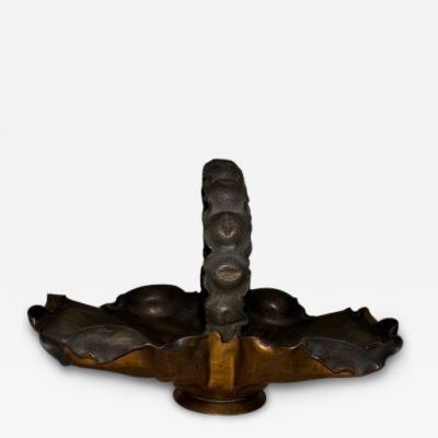 Art Nouveau patinaed brass scalloped basket with insect and handle