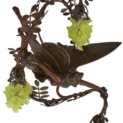 Art Nouveau period bronze and coloured glass chandelier