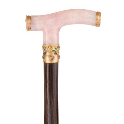 Art Nouveau rose quartz gold ruby emerald and diamond walking stick