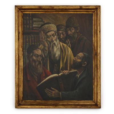 Arthur Bryks Polish oil painting of Jewish men studying by Arthur Bryks