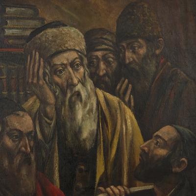 Arthur Bryks Polish oil painting of Jewish men studying by Arthur Bryks